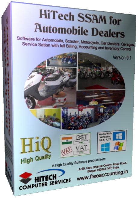 Billing, Inventory control Accounting Software, Software for automobile dealers, two wheelers dealers, service stations. Modules :Customers, Suppliers, Products, Automobiles, Sales, Purchase, Accounts & Utilities. Free Trial Download.